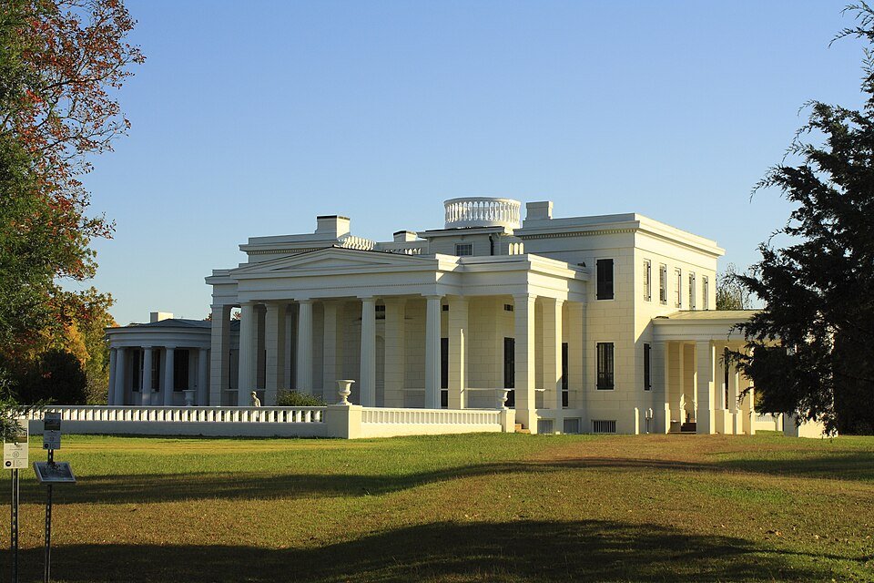 Gaineswood in Demopolis, a pale Greek Revival mansion with columned porches and a ring on the roof