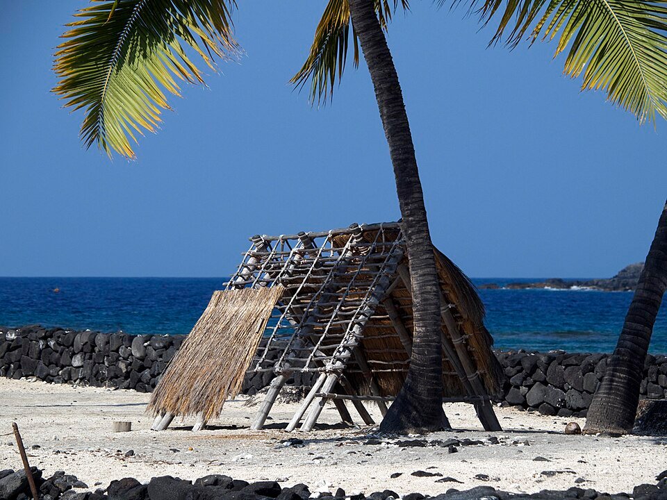 An open thatched frame among palms and lava-rock walls beside the sea