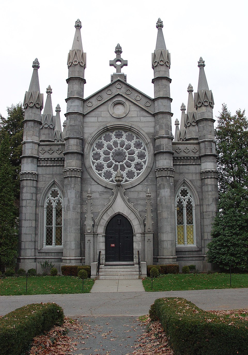 Gothic Revival granite front of Bigelow Chapel at Mount Auburn Cemetery