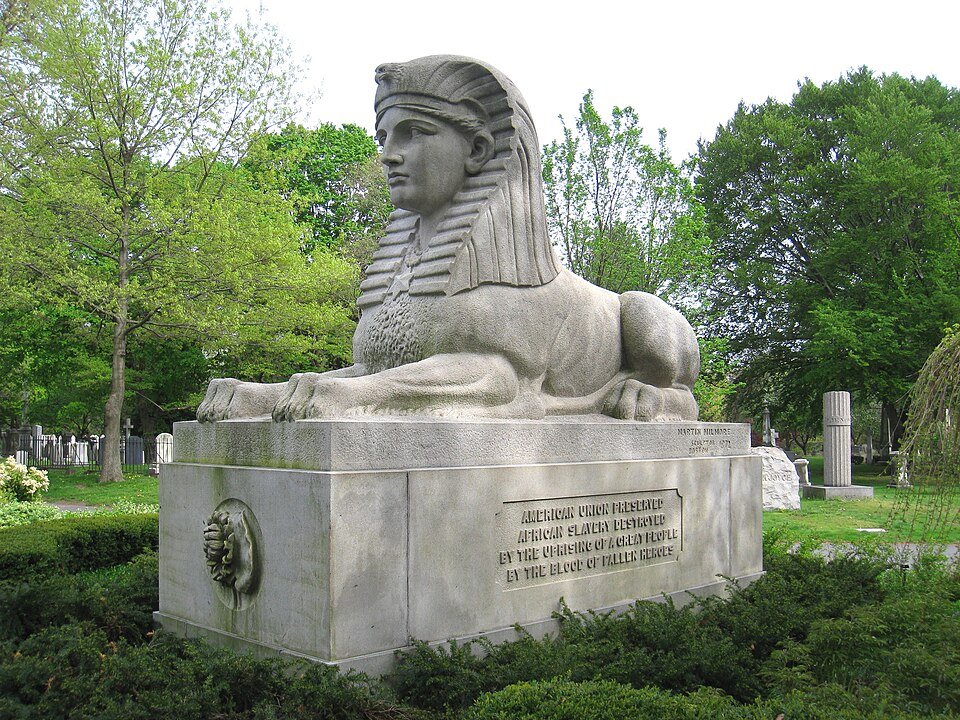 A granite sphinx monument at Mount Auburn Cemetery