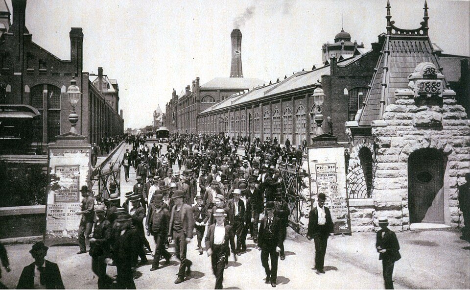 Workers leaving the Pullman Palace Car Works in 1893