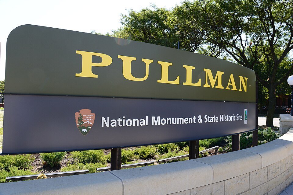 Entrance sign reading Pullman, National Monument and State Historic Site, in Chicago