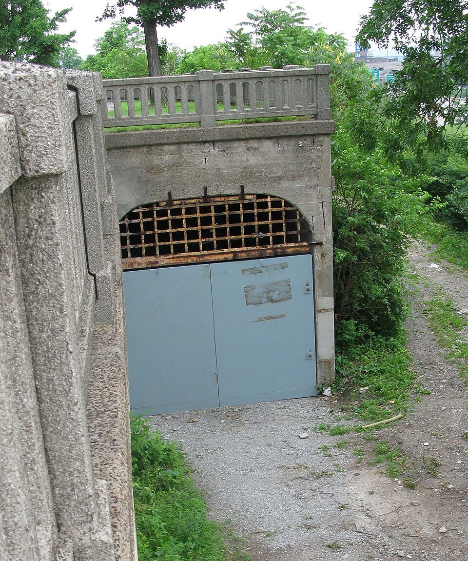 Puertas de acero y una reja oxidada en la boca de un túnel del Metro de Cincinnati, rodeada de vegetación