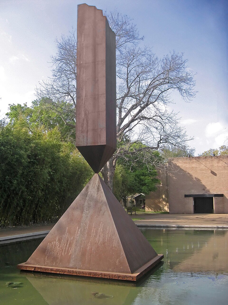 Broken Obelisk in a reflecting pool in front of the Rothko Chapel in Houston, Texas