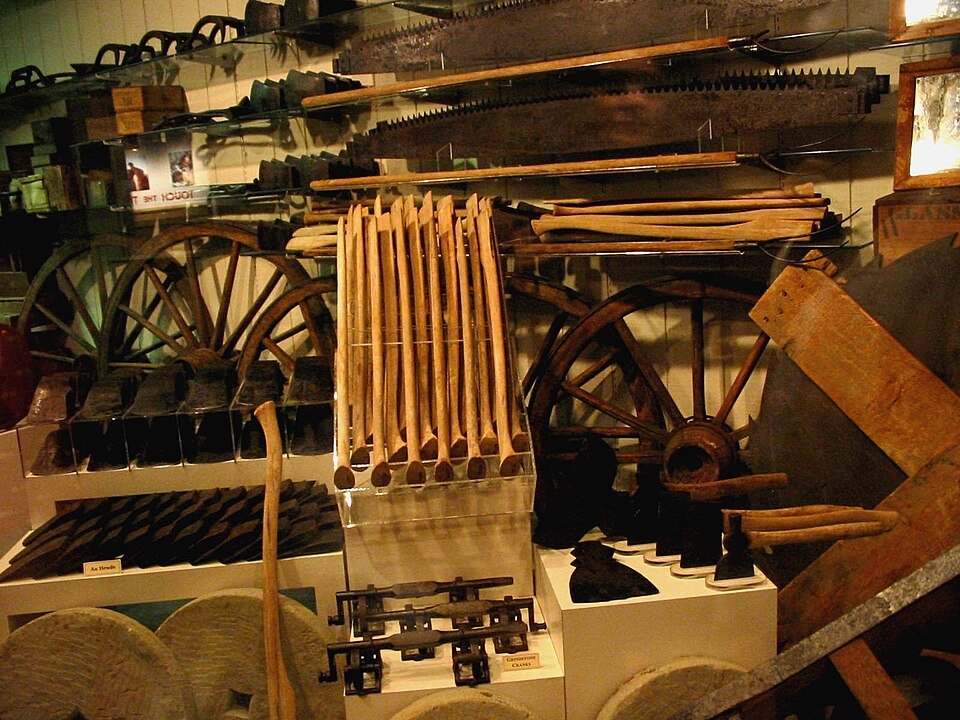 Tools from the Arabia’s cargo on display at the museum, including saws, axe heads, handles and wagon wheels