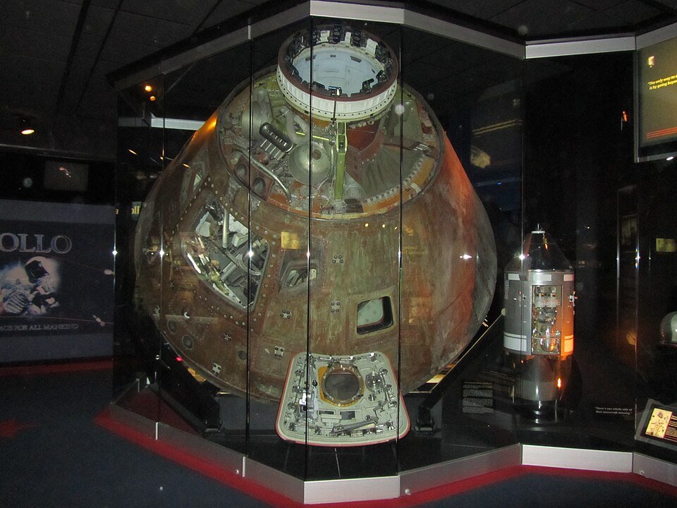 Apollo 13 command module Odyssey in its display case at the Cosmosphere