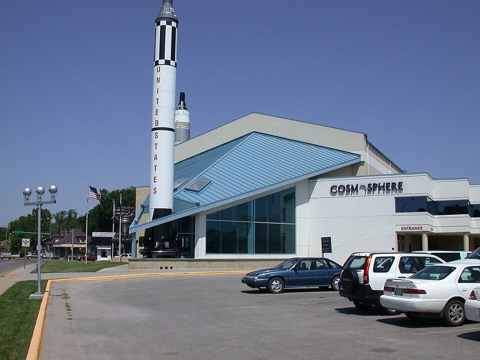 Cosmosphere building in Hutchinson with a rocket standing outside