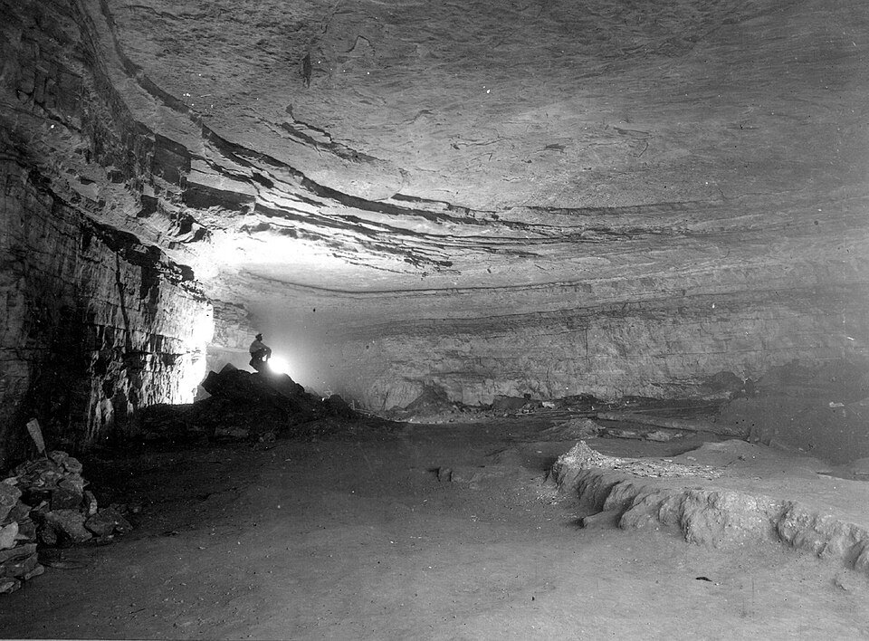 The Rotunda, a large chamber in Mammoth Cave, in an early black-and-white USGS photograph