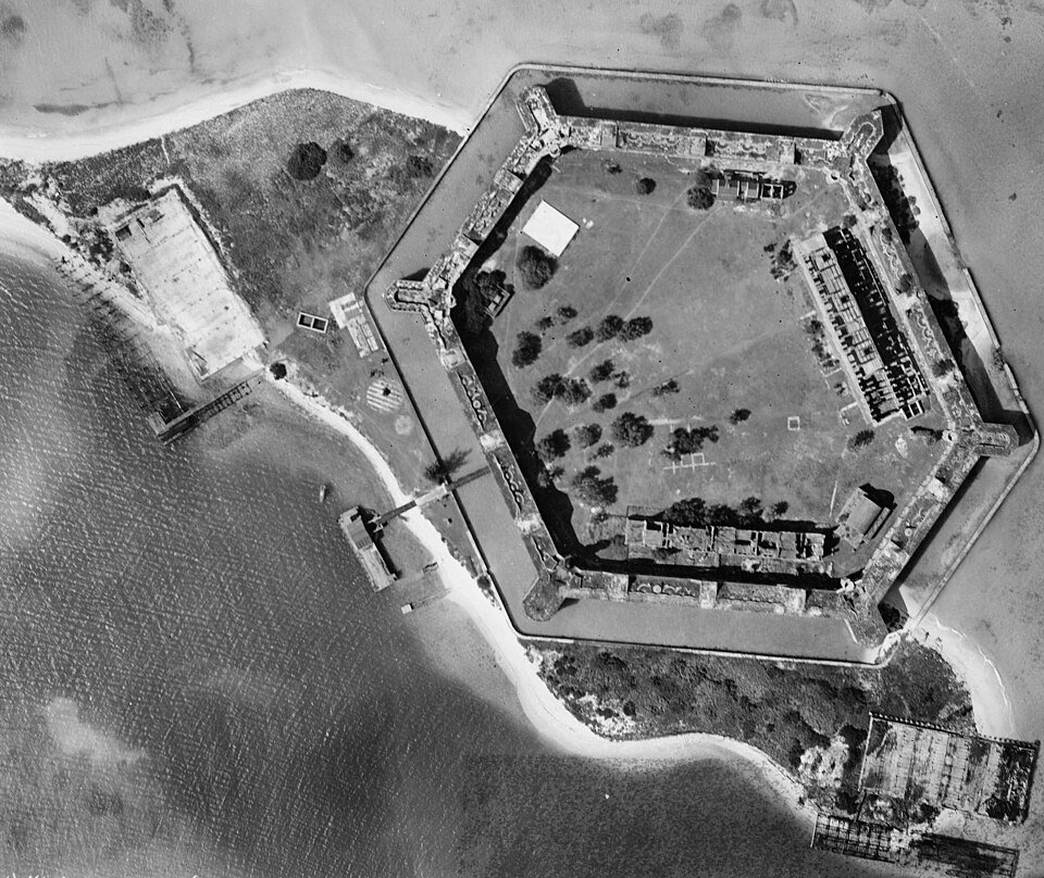 Old aerial view of Fort Jefferson and Garden Key from above