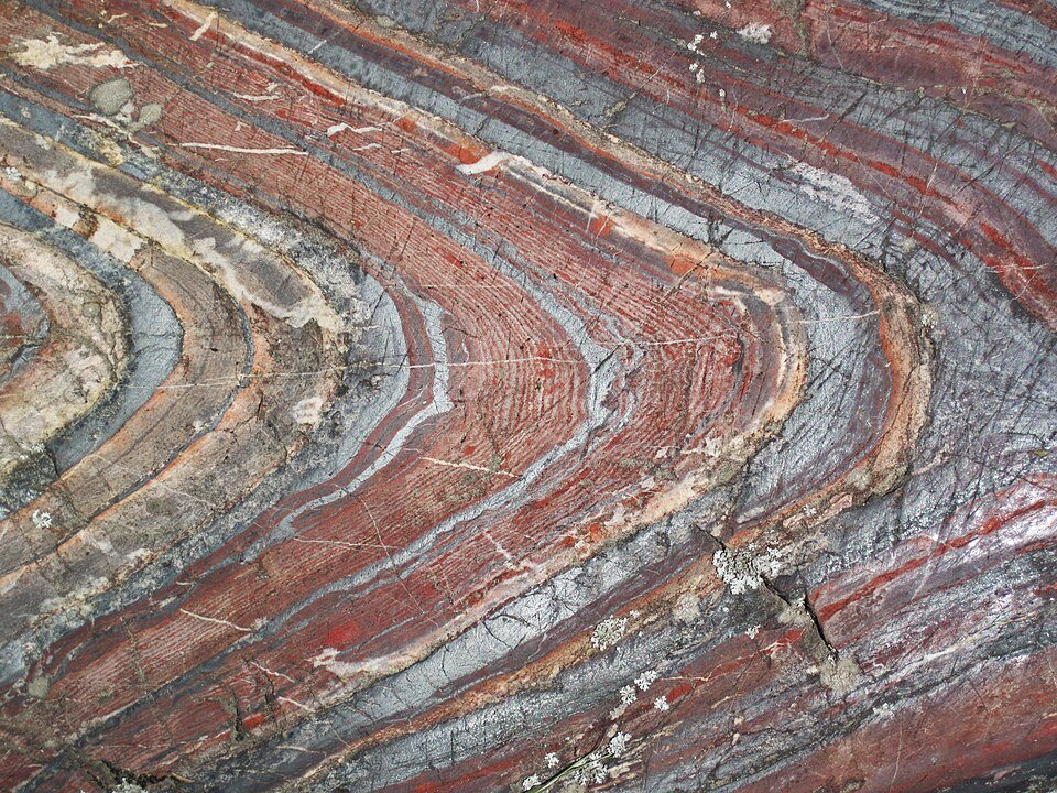 Close-up of banded iron formation (jaspilite) with red and gray bands