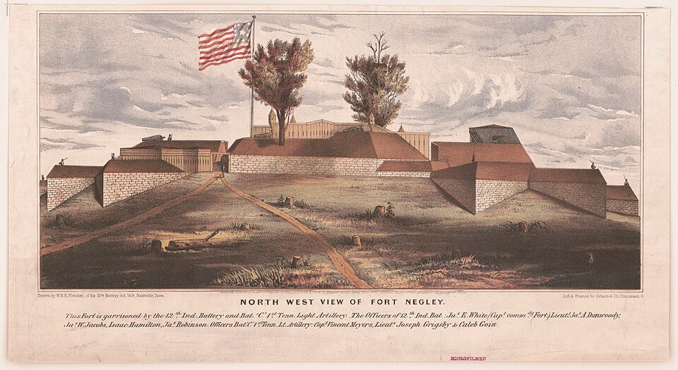 Color lithograph titled “North West View of Fort Negley,” showing the stone-walled fort under a U.S. flag