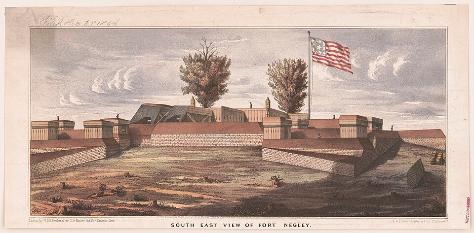Color lithograph titled “South East View of Fort Negley,” showing the fort’s stone walls and a flag