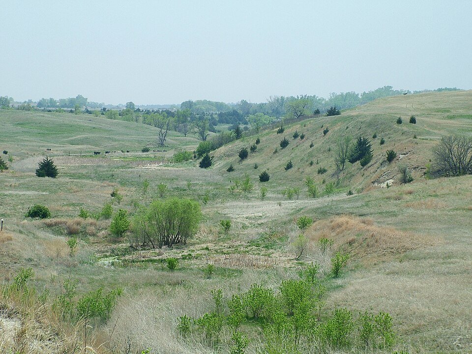 Ravinas e colinas cobertas de capim no Ashfall Fossil Beds State Historical Park, no nordeste de Nebraska
