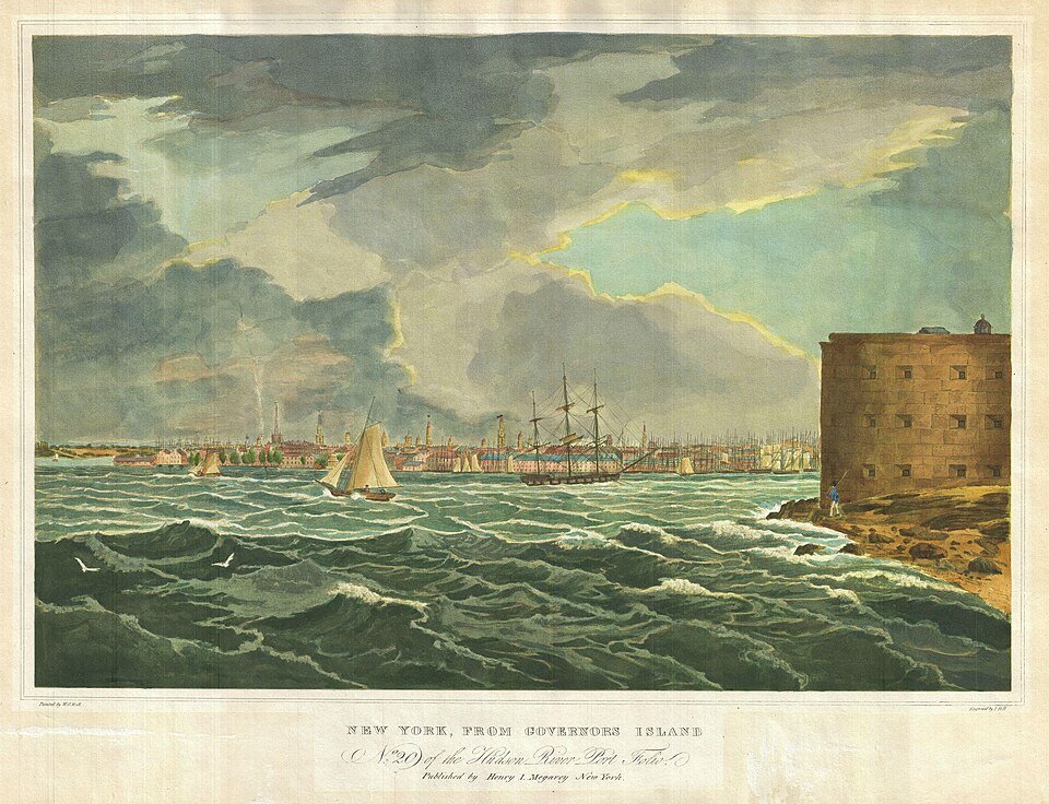Governors Island em uma vista de 1825 de Nova York, do Hudson River Port Folio