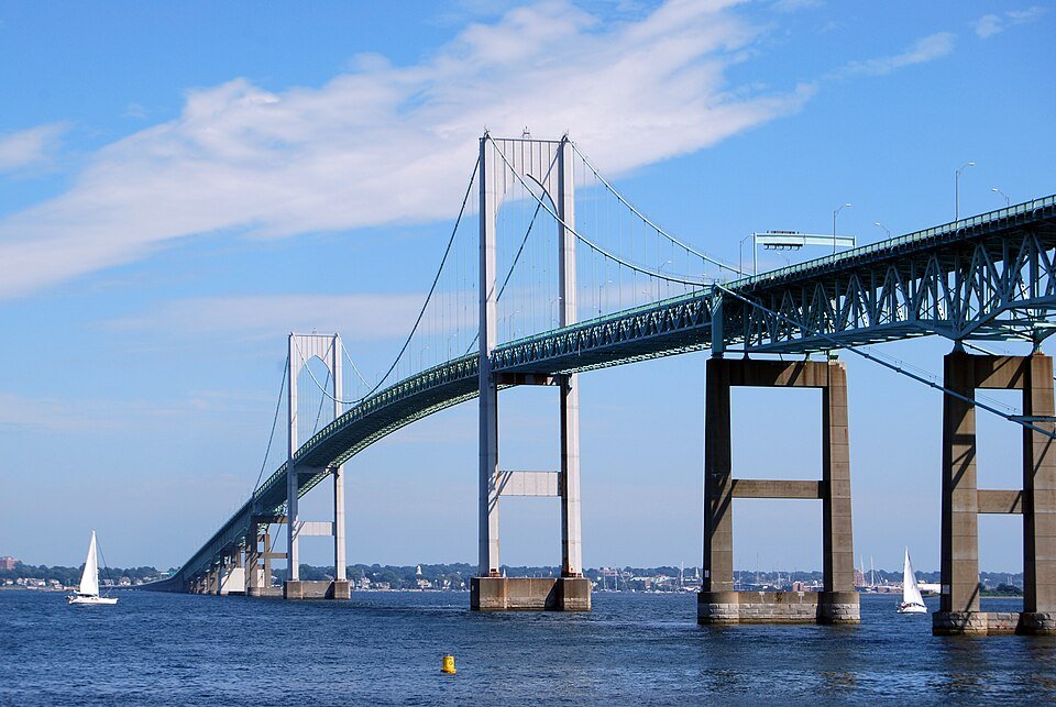The Newport Bridge, a long suspension bridge crossing Narragansett Bay