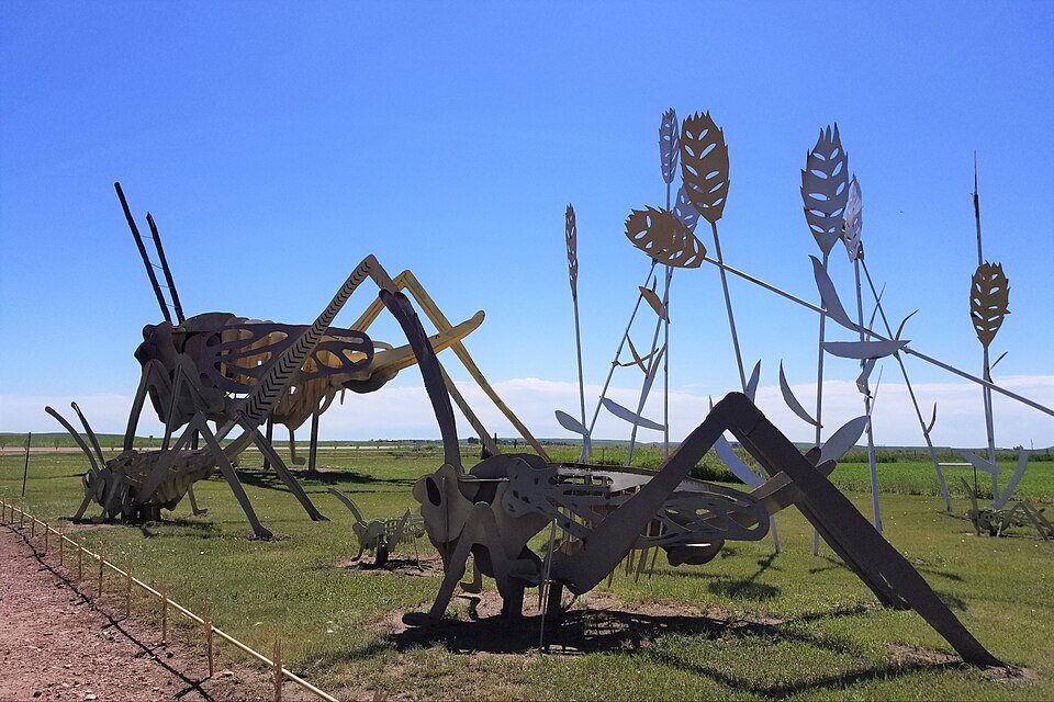 Giant grasshoppers and wheat stalks of Grasshoppers in the Field, a scrap metal sculpture on the Enchanted Highway