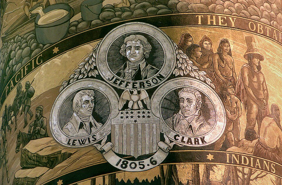 Detail of the spiral frieze on the Astoria Column, with medallions of Jefferson, Lewis and Clark and the date 1805-6