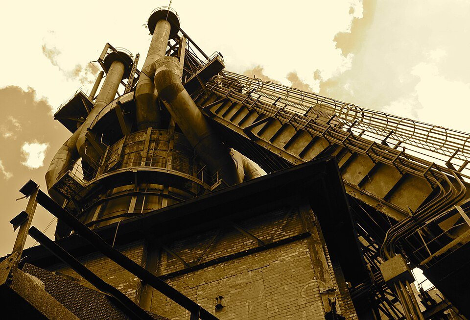 Looking up at a blast furnace at Carrie Furnaces, Rankin, Pennsylvania