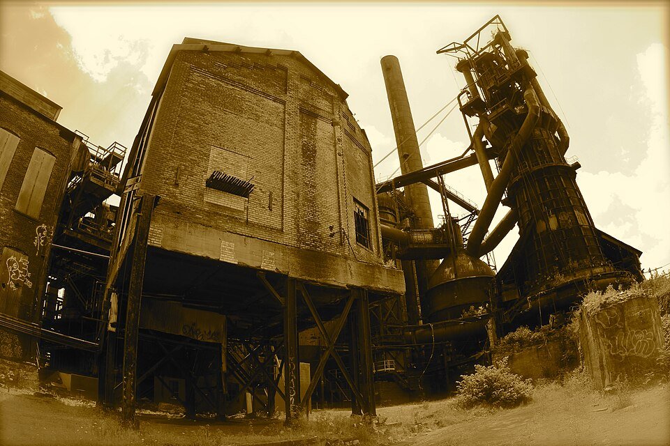 Brick building and blast furnace at Carrie Furnaces, in sepia