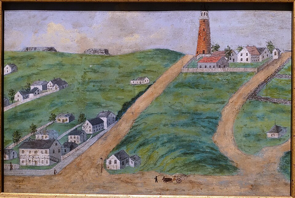 Una pintura de Munjoy Hill con la alta torre del observatorio, casas, caminos de tierra y una carreta de bueyes al frente