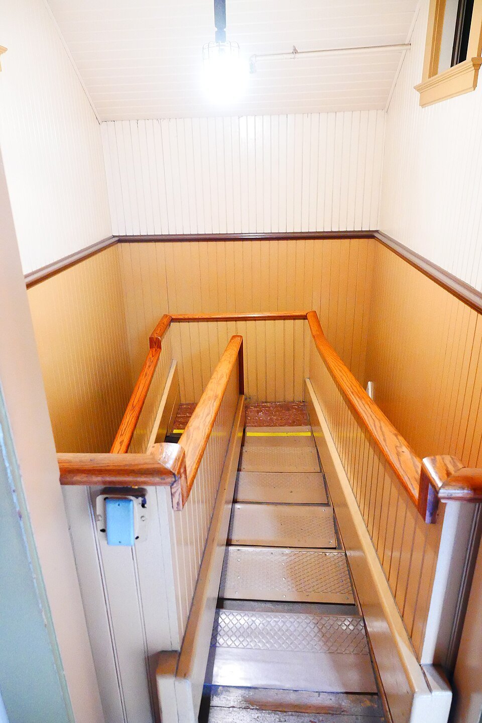 The shallow stairs known as Sarah Winchester’s tiny stairs, 44 steps rising only ten feet