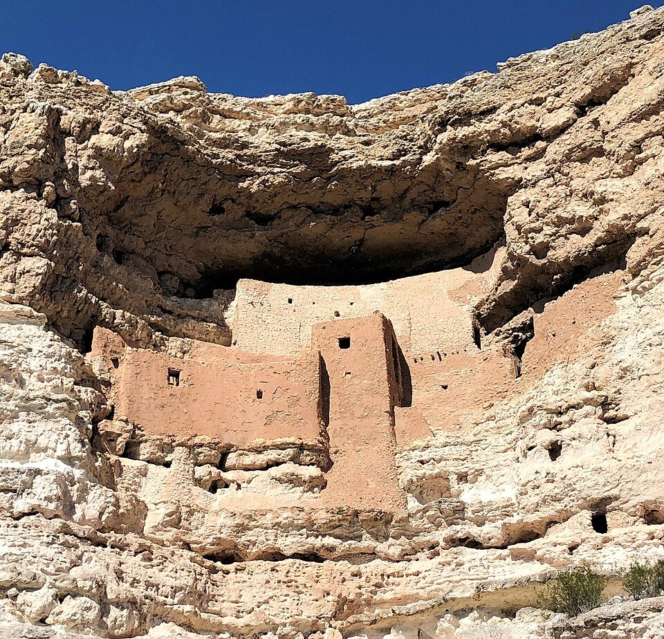 Close view of the Montezuma Castle cliff dwelling under its rock overhang, in a 2021 photograph