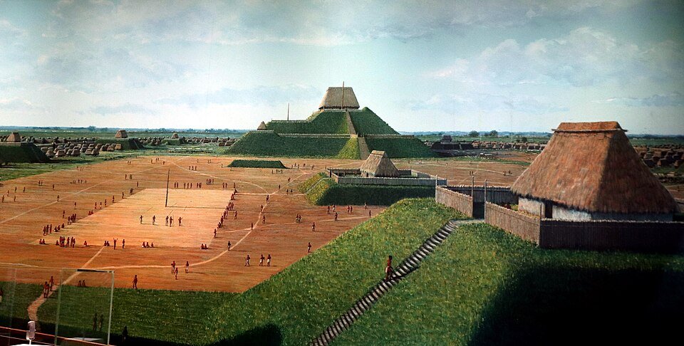 Reconstruction of the ancient city of Cahokia, shown in a UNESCO illustration