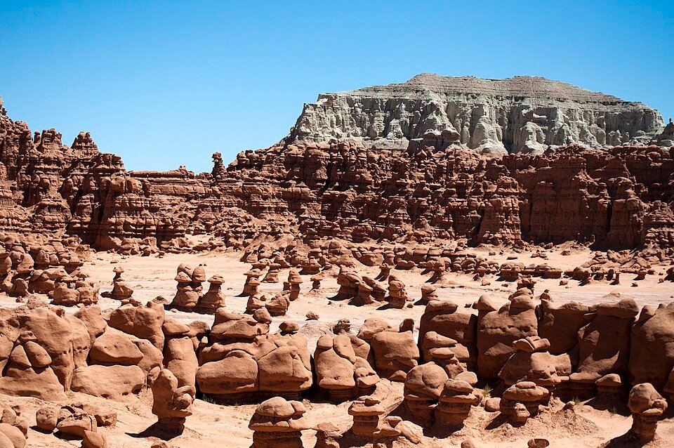 Rounded red sandstone hoodoos and a pale butte in Goblin Valley State Park, Utah